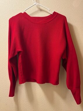 Pink Rose Red Ribbed Crewneck Sweater